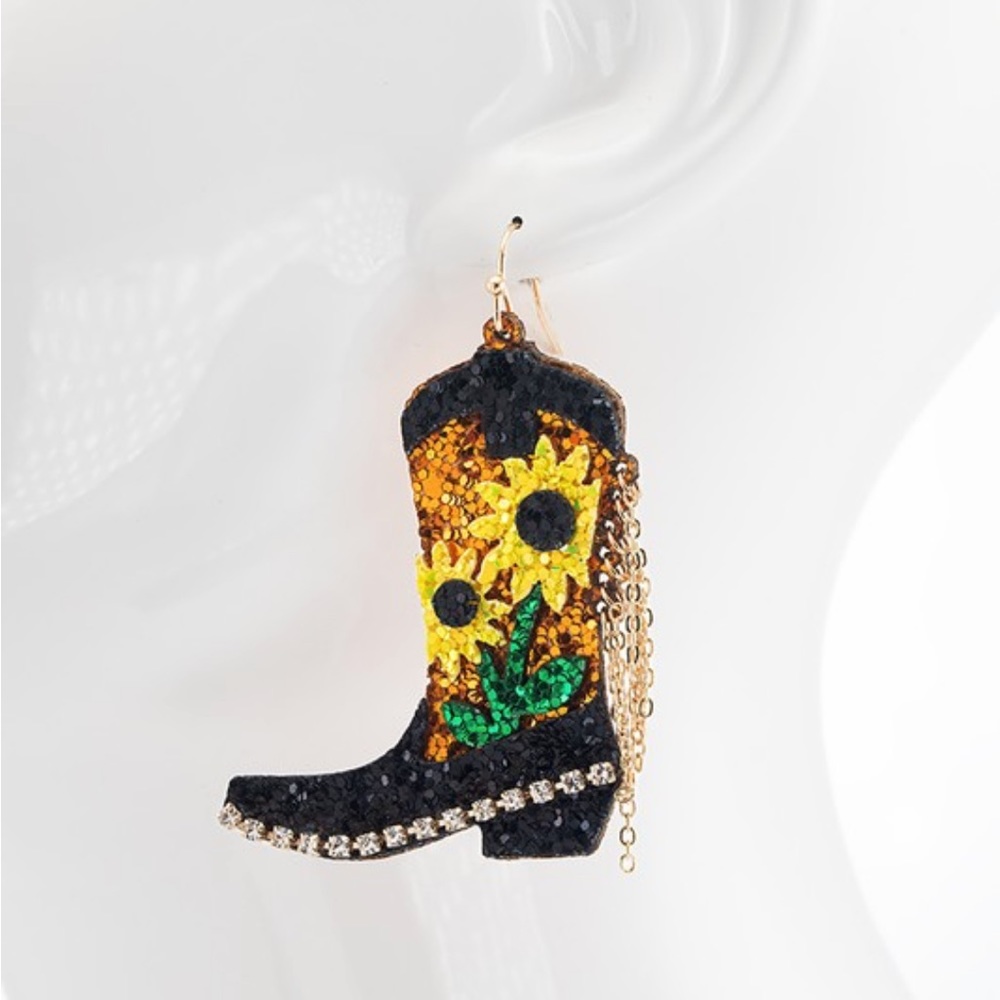 Glitter Sunflower Black Boot Earrings - Picture 4 of 11